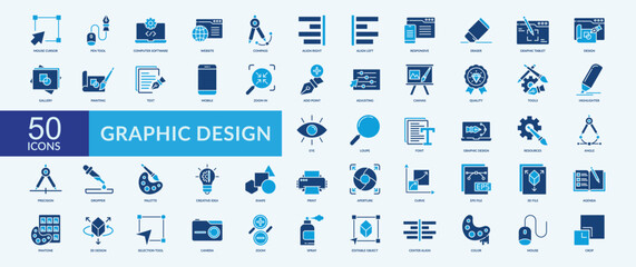 Graphic design icon collection set with mouse cursor, pen tool, computer software, website, painting