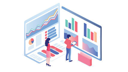 Isometric illustration of two people analyzing data on large screens with charts and graphs shown