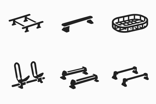 Minimalist gym equipment icons set: benches, parallel bars, stadium, machines