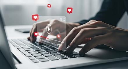 Engaging Video Content: Hands on Laptop with Streaming Interface and Likes. Social Media Marketing, Online Engagement, Modern Technology, and Influence