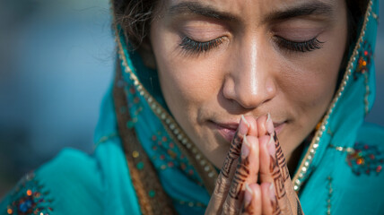Young indian woman praying with eyes closed and hands clasped