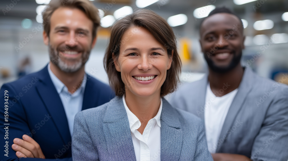 Poster confident managers in modern factory setting with production lines