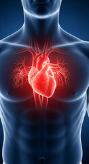 A detailed illustration of the human heart with surrounding arteries and veins