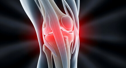 Artistic rendering of a human knee joint depicting pain inflammation medical illustration