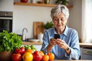 Older Woman Checking Blood Sugar Levels Surrounded by Fresh Produce in the Kitchen