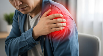 Asian man with shoulder pain illustrating soreness and discomfort health concept