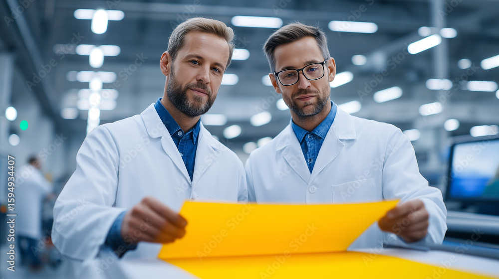 Aufkleber engineers analyzing yellow composite sheet in high-tech lab