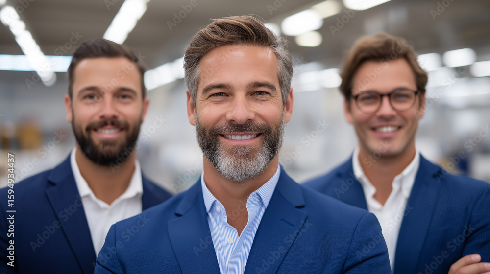 Poster confident managers in modern factory setting with copy space