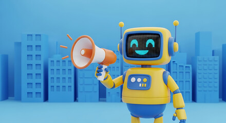 Cheerful robot character announcing with megaphone in a cityscape illustration concept