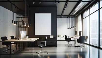 Modern office interior with large blank poster mockup on dark wall for clean design presentation concept in minimalistic workspace setting. 3D Rendering