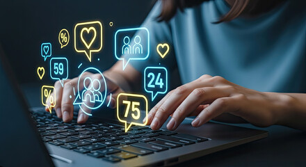 Engaging Social Media Marketing: Woman Typing on Laptop with Glowing Social Media Icons, Driving Online Engagement and Brand Growth Strategy