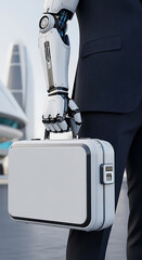 Futuristic businessman holding a briefcase showing artificial intelligence and technology in the workplace