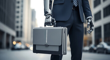 Futuristic businessman holding briefcase in urban setting showing artificial intelligence and robotics