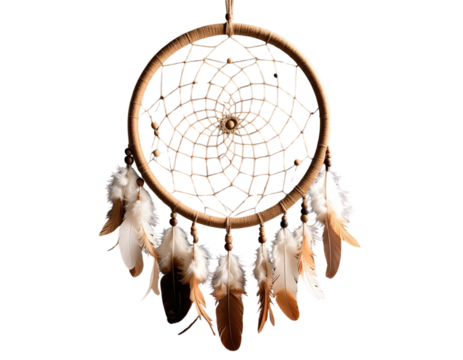 Hanging Dreamcatcher with Feathers and Beads, Transparent Background”
