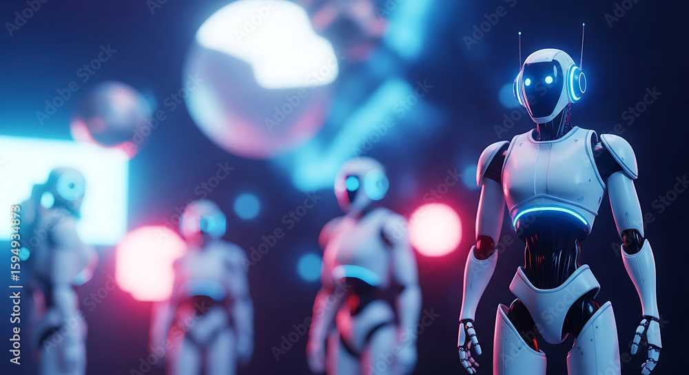 Poster futuristic robots illuminated by blue and red lights in a conceptual technology scene