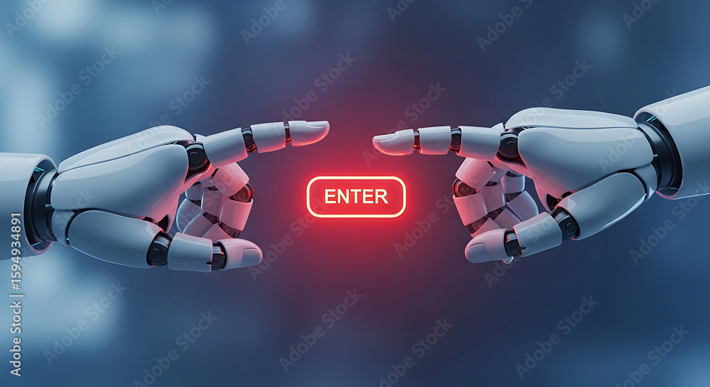 Poster futuristic robotic hands approaching an illuminated enter button on a blurred background