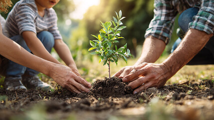 Family planting tree together in green park on sunny day, sustainability and environmental care concept.