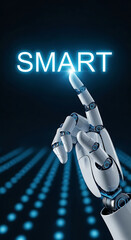 Futuristic robotic hand touching the word smart indicating artificial intelligence and innovation