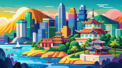 Busan, South Korea – Beaches, skyscrapers, and temples on cliff sides create a city of contrasts, perfect for a vibrant and layered vector illustration.