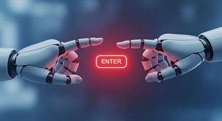 Futuristic robotic hands approaching an illuminated enter button on a blurred background