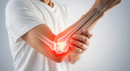 Human arm with elbow joint highlighted showing bone structure and inflammation concept