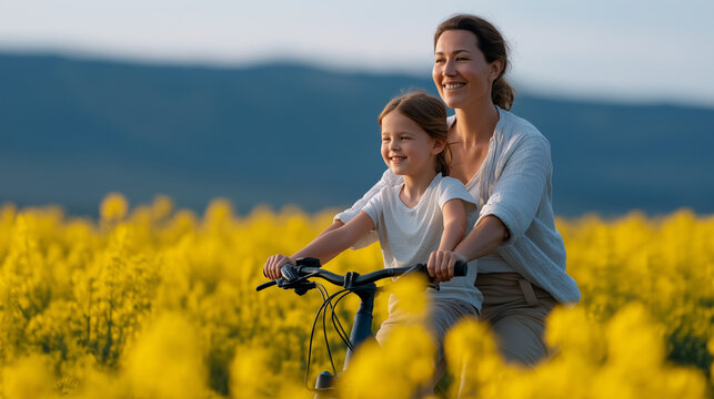 A mother and daughter biking through blooming rapeseed fields