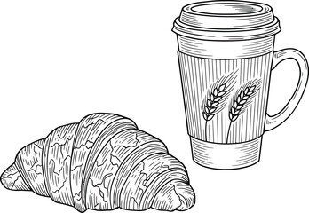 Engraved Croissant & Coffee Cup Set: Vintage-style hand-drawn line art of a croissant and a to-go coffee cup with wheat ears, ideal for bakeries and cafe branding.