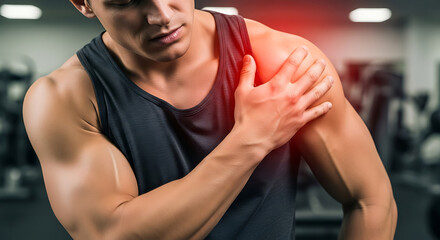 Man experiencing shoulder pain in gym after workout possible muscle injury concept