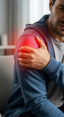 Man experiencing shoulder pain indicating inflammation or possible injury in a healthcare context