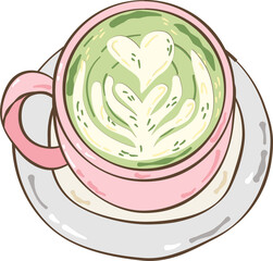 Cute Matcha Tea Clipart Set with Desserts, Drinks, Flowers and Tools in Pastel Green and Pink,  Vector illustration 