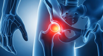 Medical illustration of an arthritic hip joint showing pain and inflammation