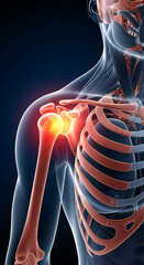 Medical illustration of shoulder pain and anatomy showing muscles bones and skeleton