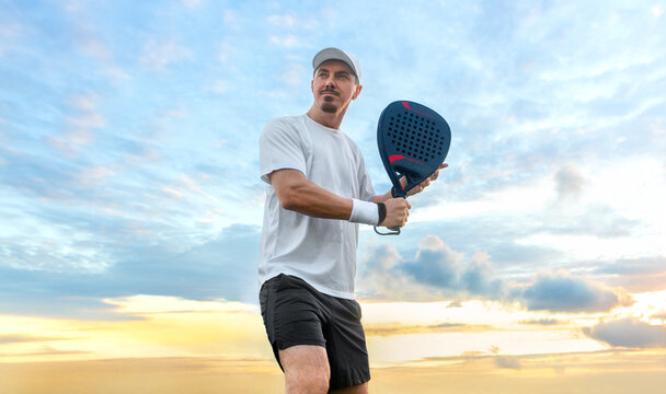 Padel player at outdoor court. Open social tour template. Mockup for social media events with copy space. - Powered by Adobe