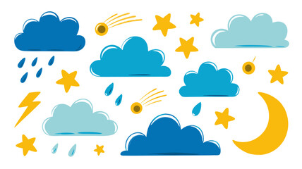 Obraz premium Vector SVG Illustration of Cloud and Weather Elements in Flat Design Style with Blue and Yellow Colors for Web and Digital Applications