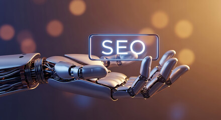 Robotic arm presenting seo concept on glowing digital interface with bokeh background