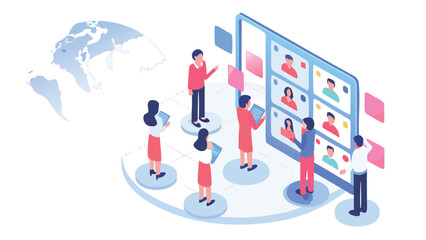 People attending a virtual meeting on a large tablet with a world map in the background image is shown