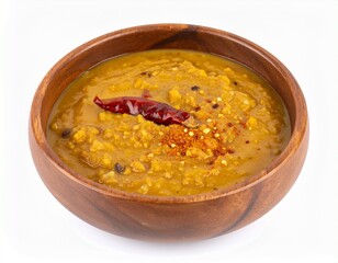 Bowl of lentil dal with spices isolated on white background for healthy Indian food or vegetarian concept