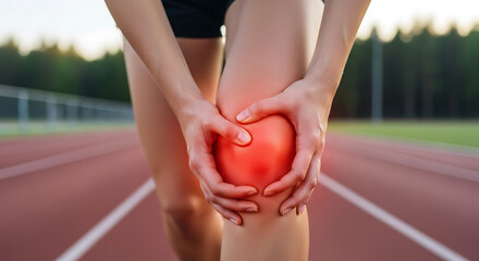 Woman holding her knee experiencing pain possibly related to exercise on running track.