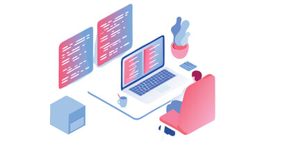 Isometric illustration of a person working on a laptop with floating code windows behind them