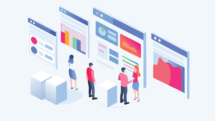 Isometric view of business team analyzing data charts and graphs on multiple computer screens in office