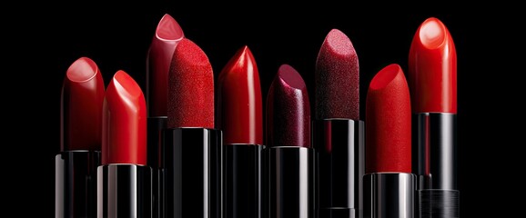 Obraz premium A creative composition of various shades and shapes of red lipsticks arranged in an abstract manner on a black background, creating a visually appealing and artistic display for cosmetic product adver