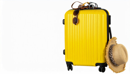 Bright Yellow Suitcase with Travel Accessories Isolated on White Background with Clipping Path, Travel Concept