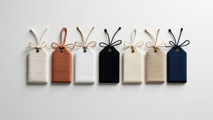 Minimalist Display of Four Small Fabric Tags in Neutral and Bold Tones with Twine Bows on White Background – Elegant Branding and Packaging Design Mockup with Soft Lighting and Texture Detail