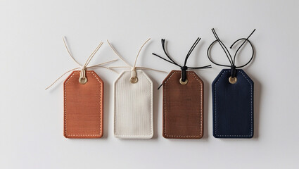 Minimalist Display of Four Small Fabric Tags in Neutral and Bold Tones with Twine Bows on White Background – Elegant Branding and Packaging Design Mockup with Soft Lighting and Texture Detail