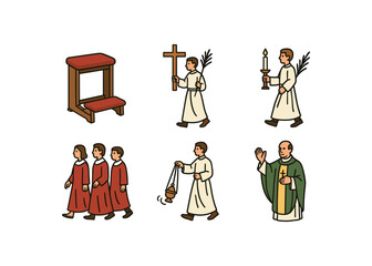 Christian ceremonial icons with clergy and altar boys