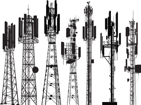 group with seven antenna tower silhouettes on white