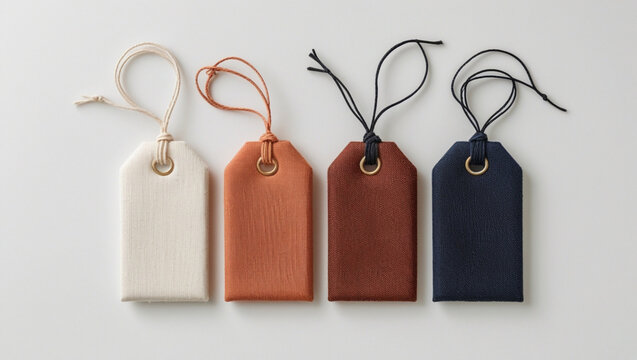 Minimalist Display of Four Small Fabric Tags in Neutral and Bold Tones with Twine Bows on White Background – Elegant Branding and Packaging Design Mockup with Soft Lighting and Texture Detail