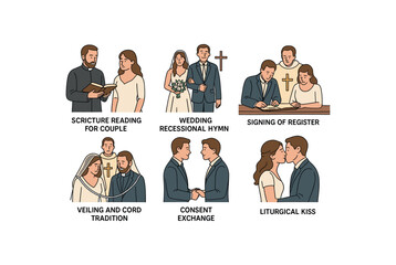 Cartoon wedding ceremony illustration with couples and clergy in various rituals
