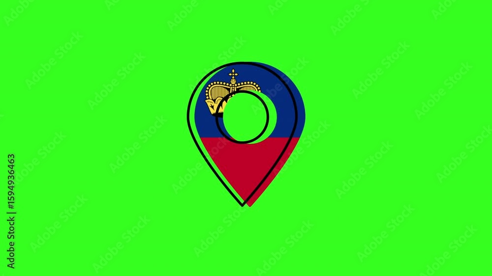 Poster liechtenstein flag inside gps pointer icon animation on green screen