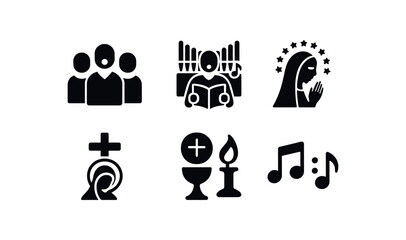 Black silhouette icons: community, learning, faith, worship, music